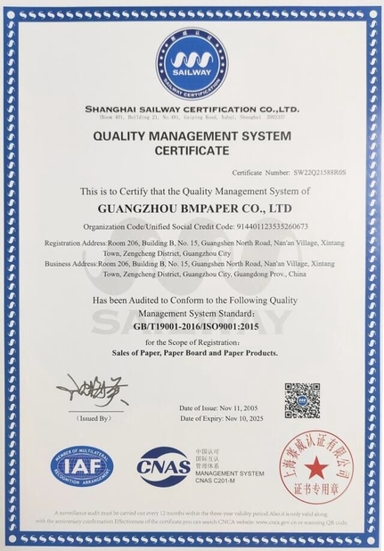 CHINA GUANGZHOU BMPAPER CO., LTD. Certificaten
